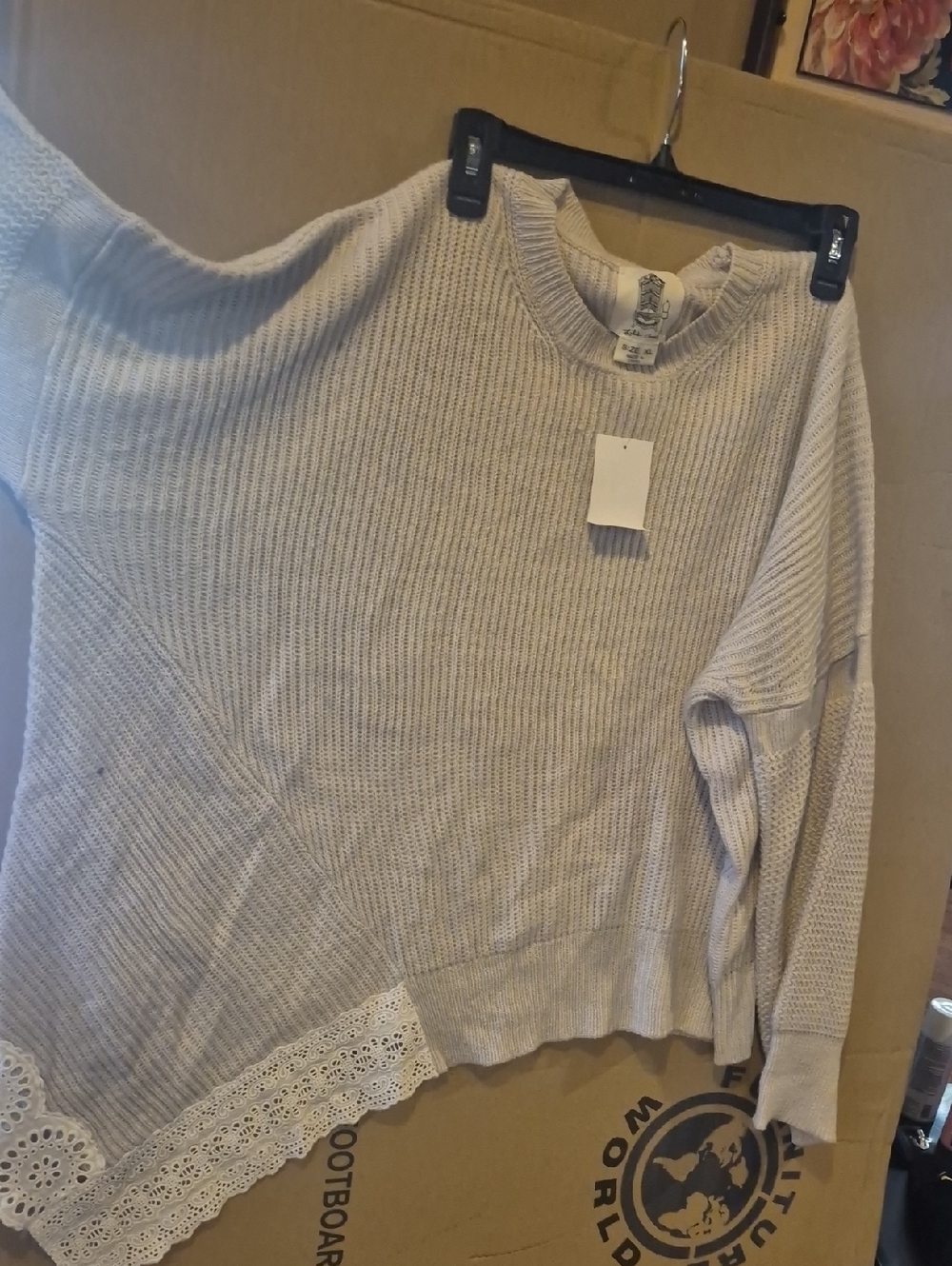 Nordstrom Light Cream Ribbed Crewneck Sweater with Lace Trim